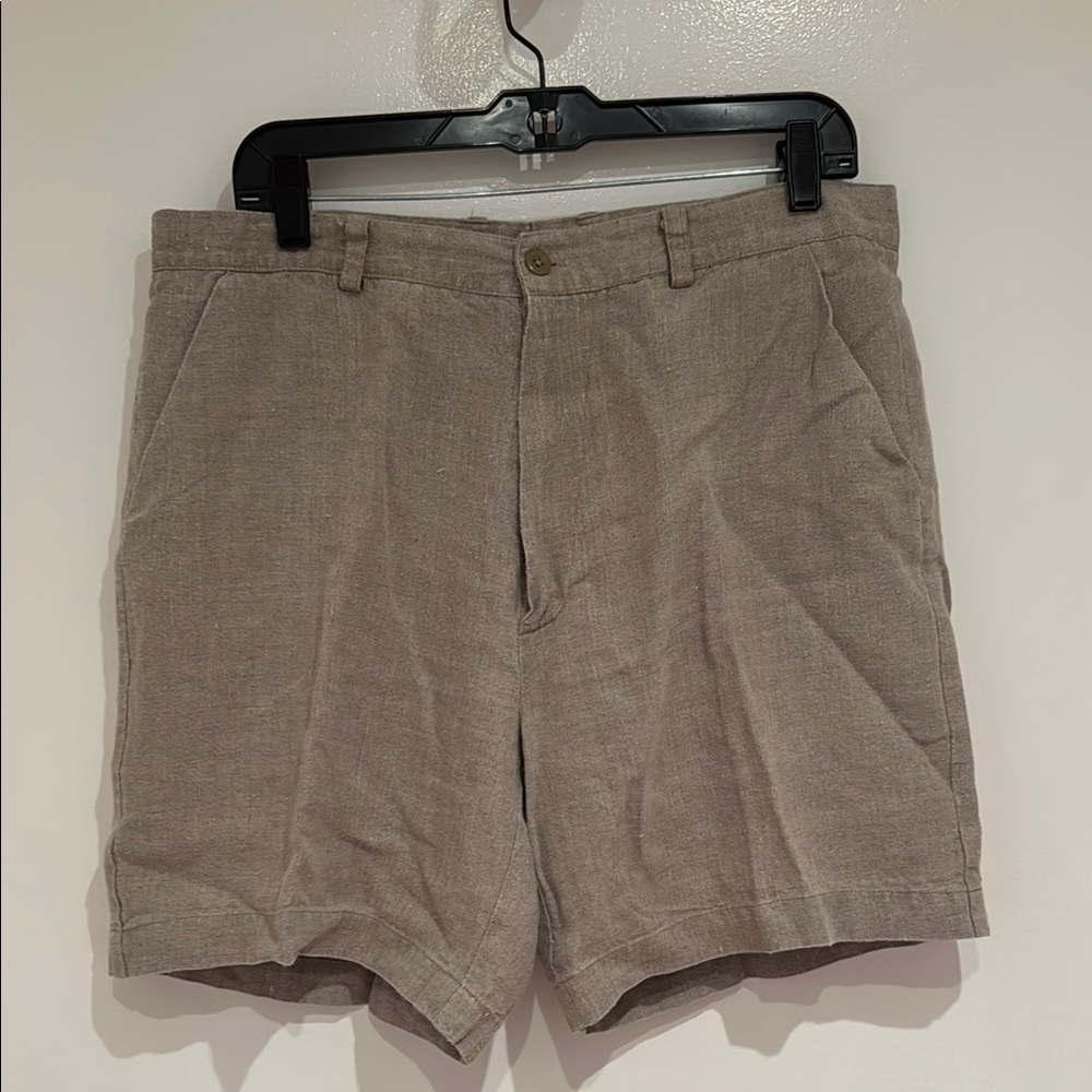 Three Islands Tan 100% Linen Flat Front Shorts with Belt Loops